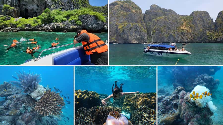 Krabi: Phi Phi Early Bird & 4 Island by Speedboat with Lunch - Chicken Island, Thale Waek (divided sea), and Ko Poda: the classic 4 Islands run